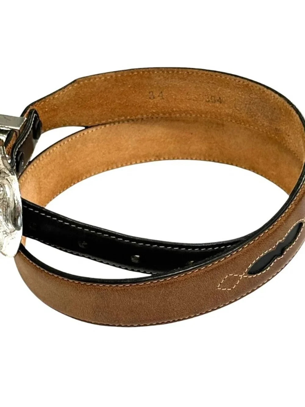 Justin Men's Western Belt Black Brown Leather Silver Toned Buckle Size 34